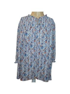Rose + Olive 3X Floral Tunic Blouse Blue White Button Down Boho Plus Size Office